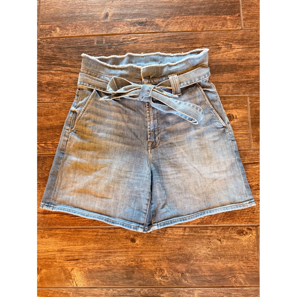 7 For All Mankind Paperbag Waist Denim Shorts Light Wash Blue Belted Size 27